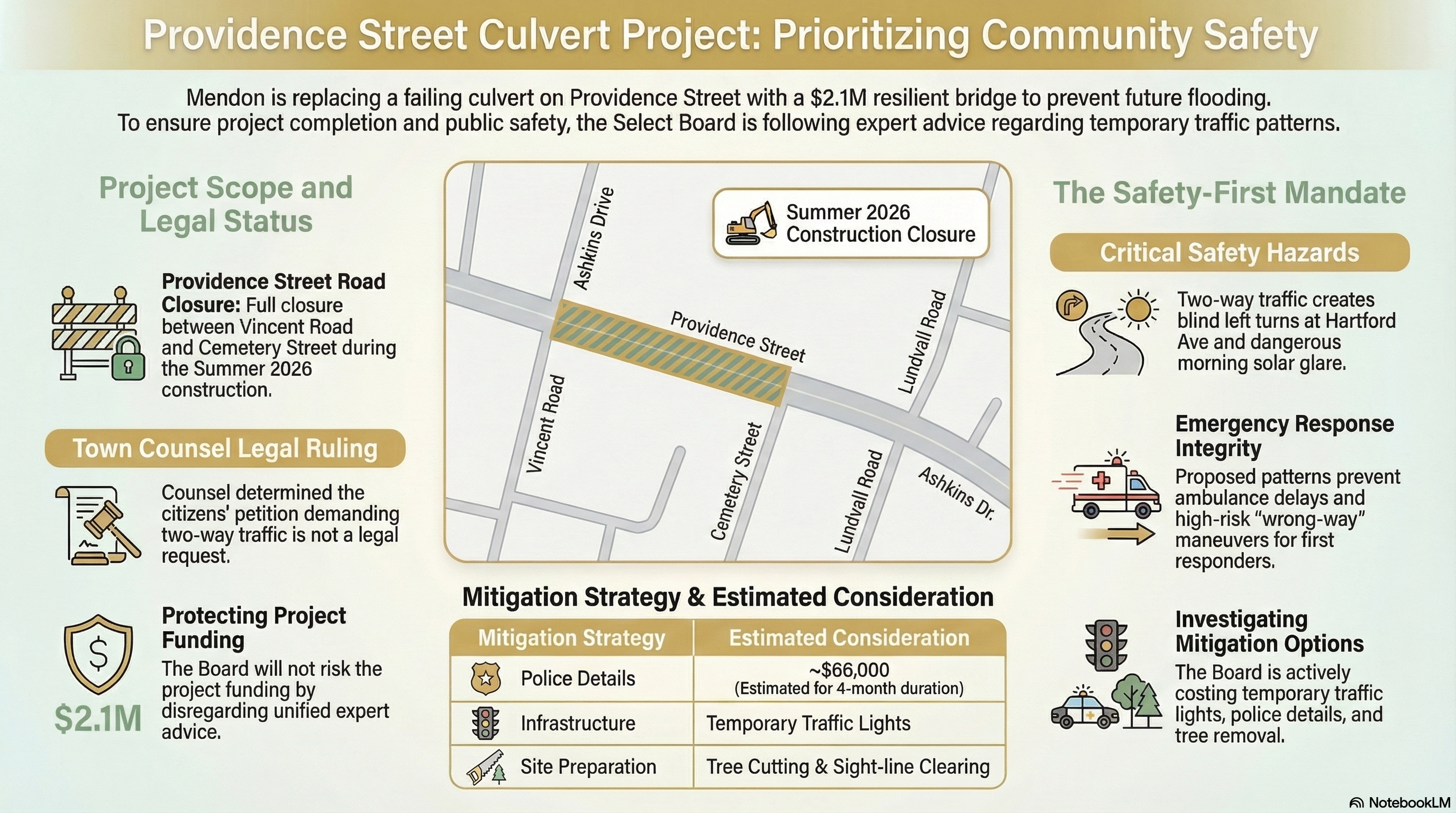 Providence Street Culvert Project: Prioritizing Community Safety — overview of road closure, legal context, funding, map of the closure area, mitigation costs and measures, and safety-first rationale including emergency response.